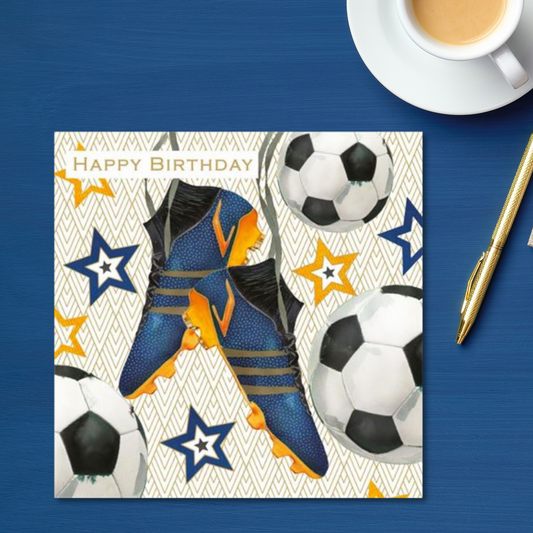 Square cards with blue and orange football boots and balls