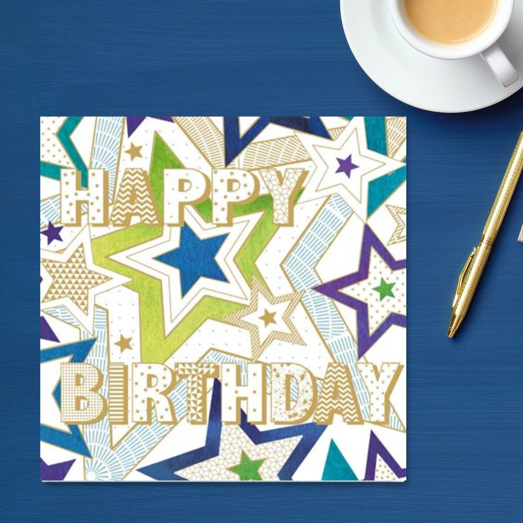 Square card with multicolour stars and bold text