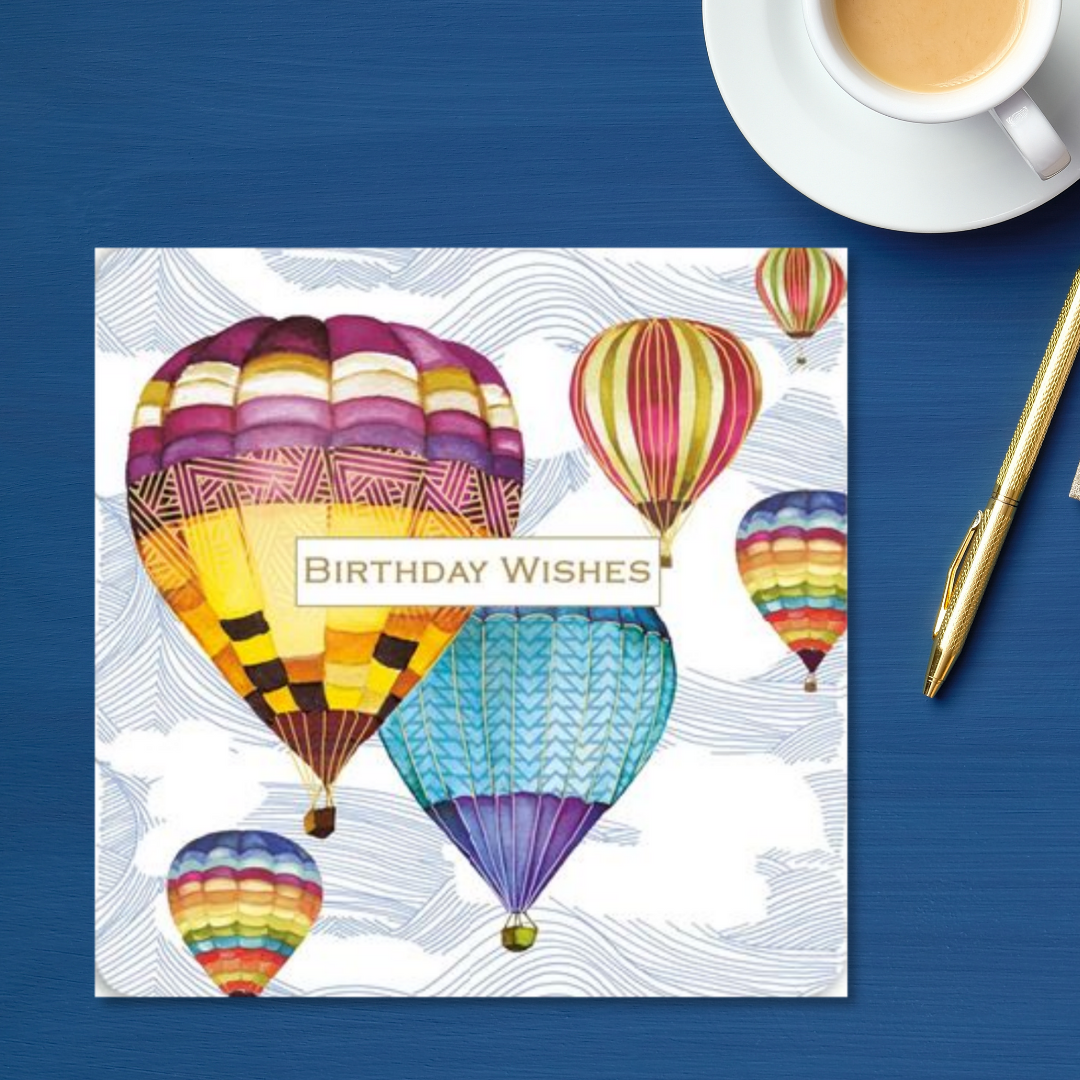Square card with multiple hot air balloons in flight
