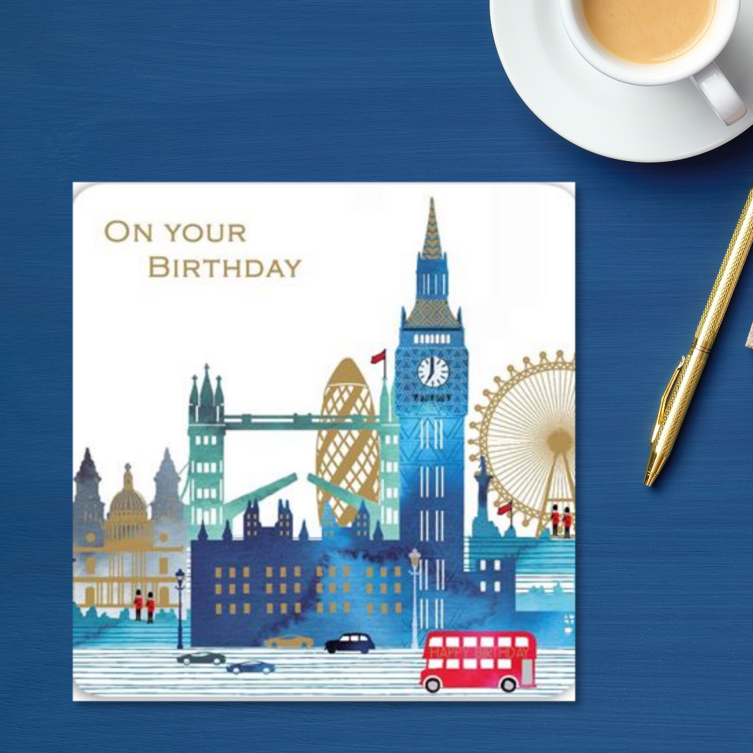 Square card with london scene and red bus