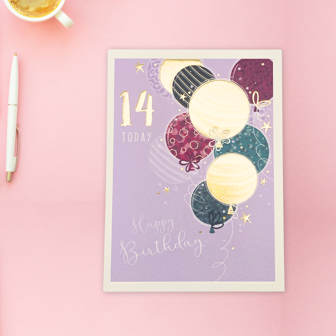 14th Birthday Card - Balloons & Stars