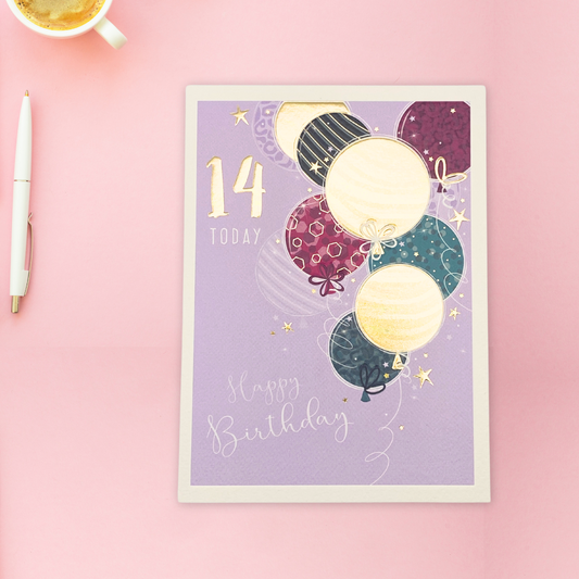 14th Birthday Card - Balloons & Stars