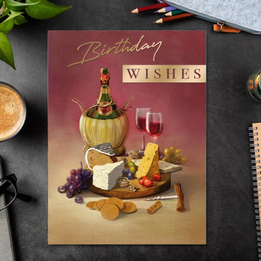 Red and gold theme card with cheeseboard and wine