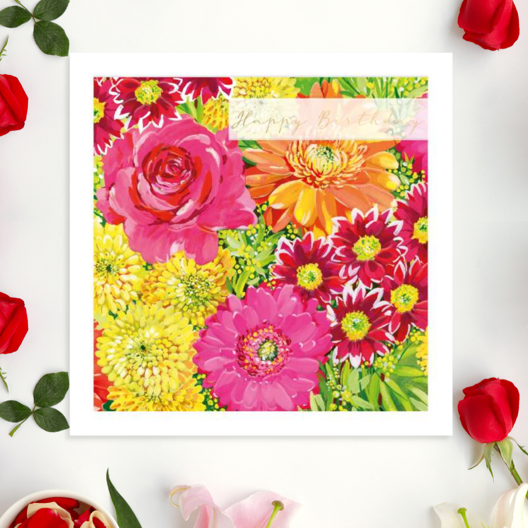 Square card with pink, orange and yellow flowers