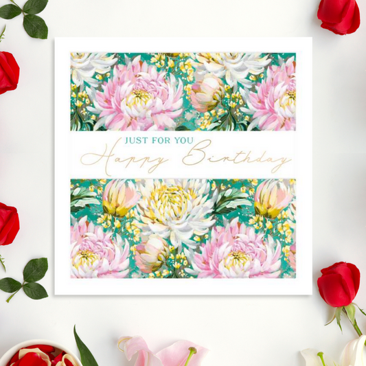 Square card with pink yellow and white flowers and text