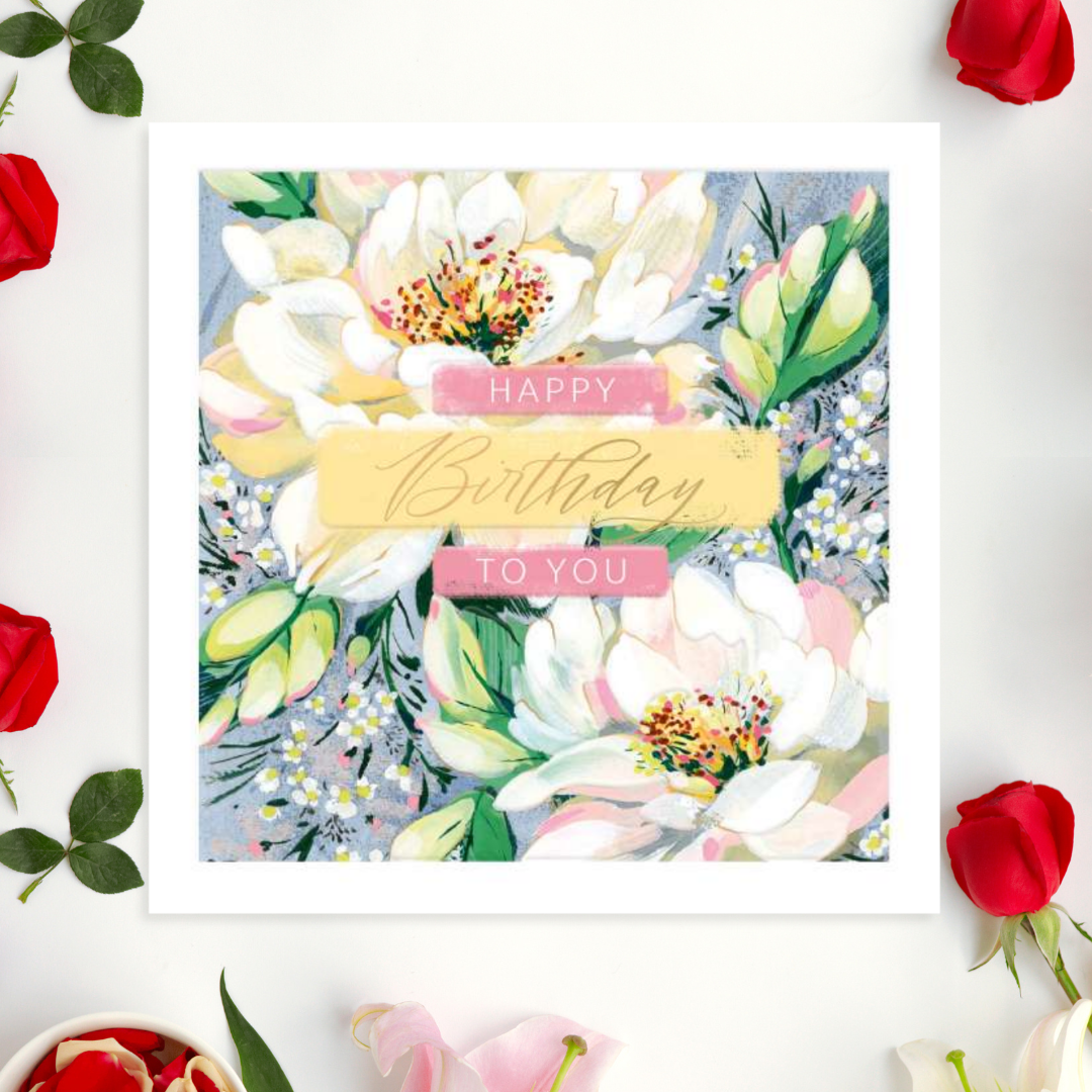 Square card with two large white flowers and text