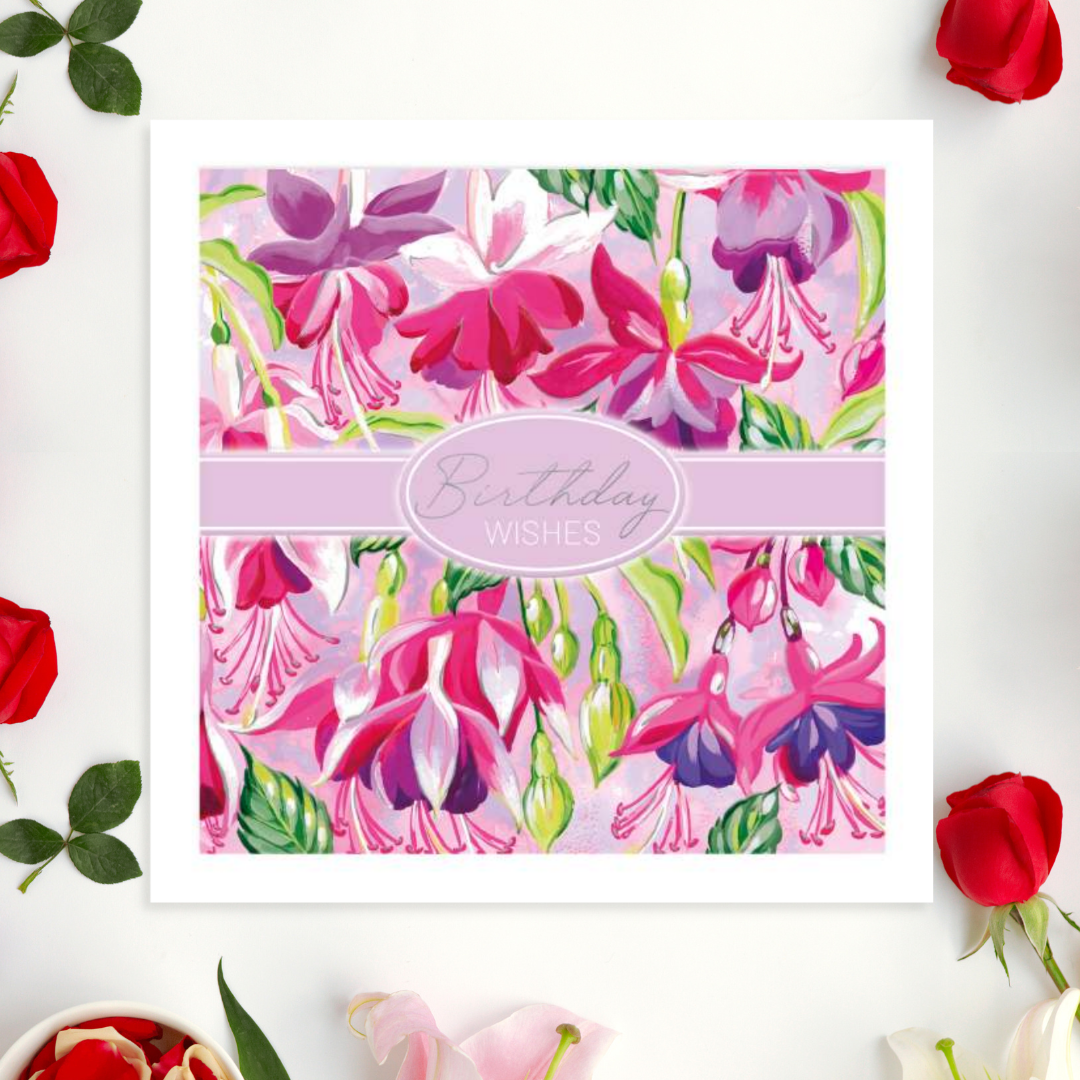 Square card full of fuschia flowers