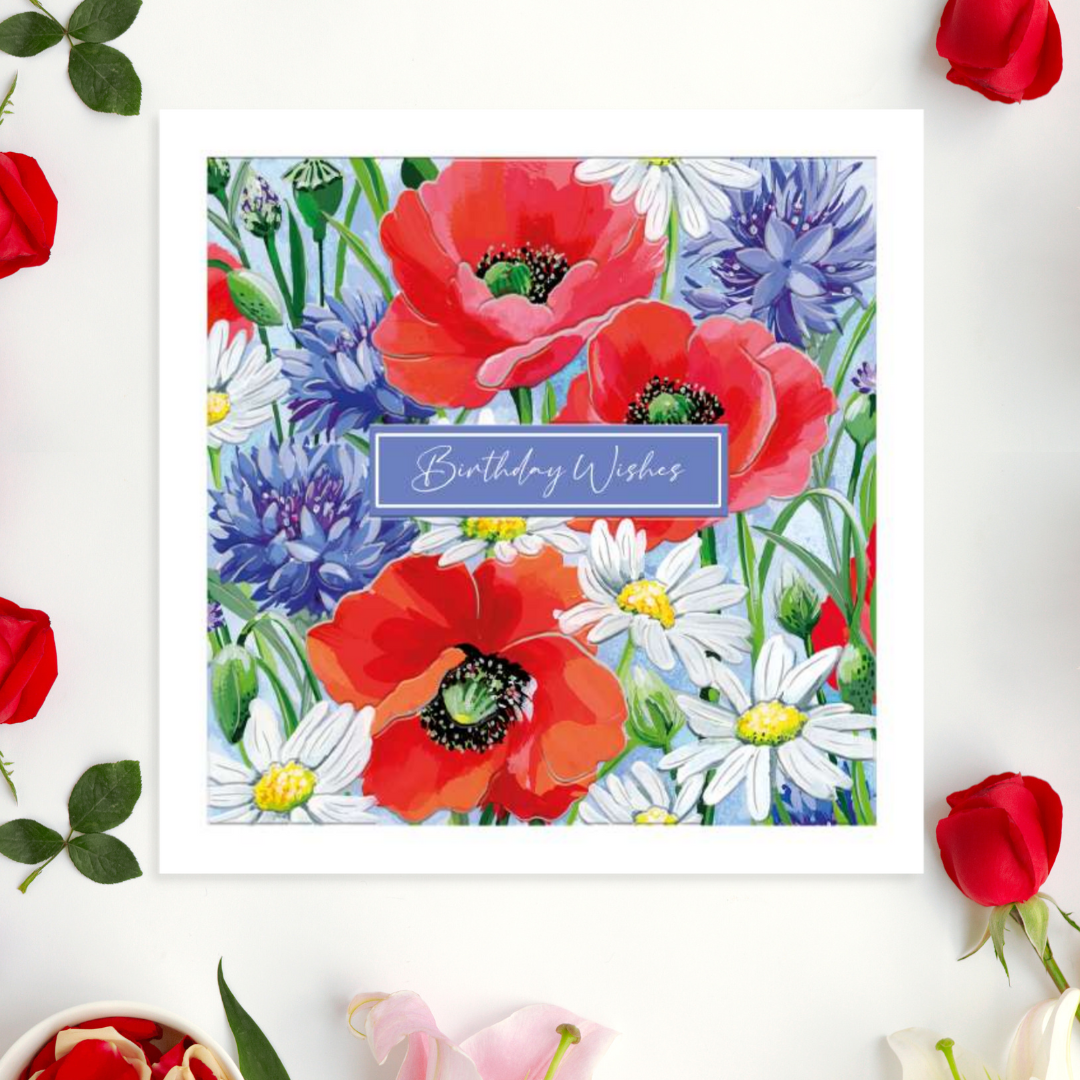 Square card with three poppies surrounded by blue flowers