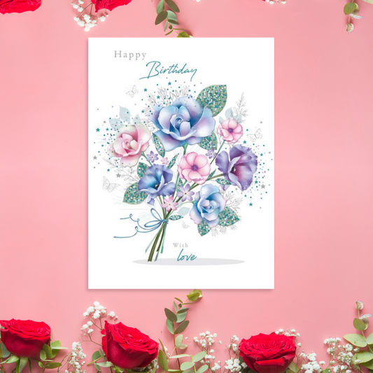 White card with pink blue lilac floral bouquet