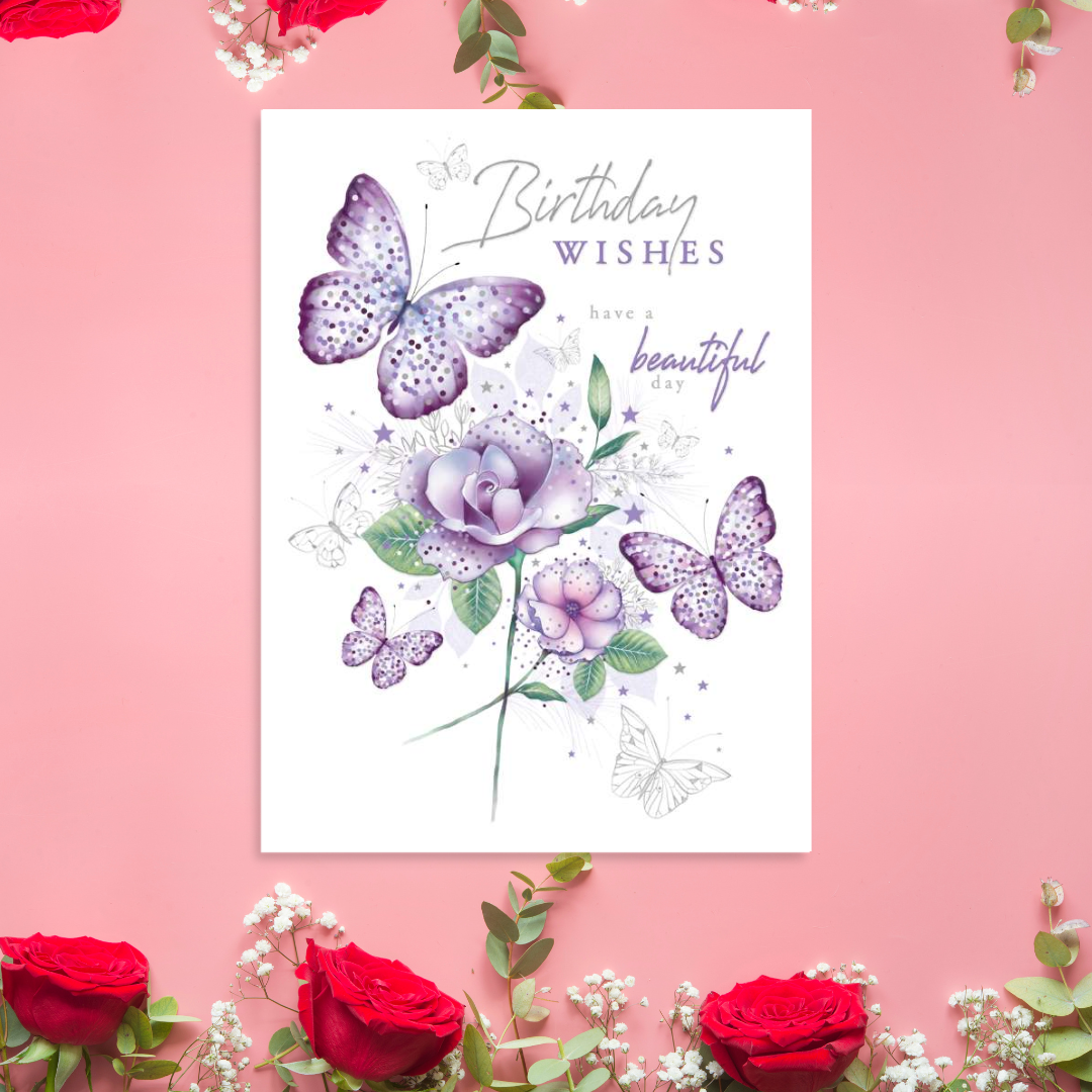 White card with lilac flowers and butterflies