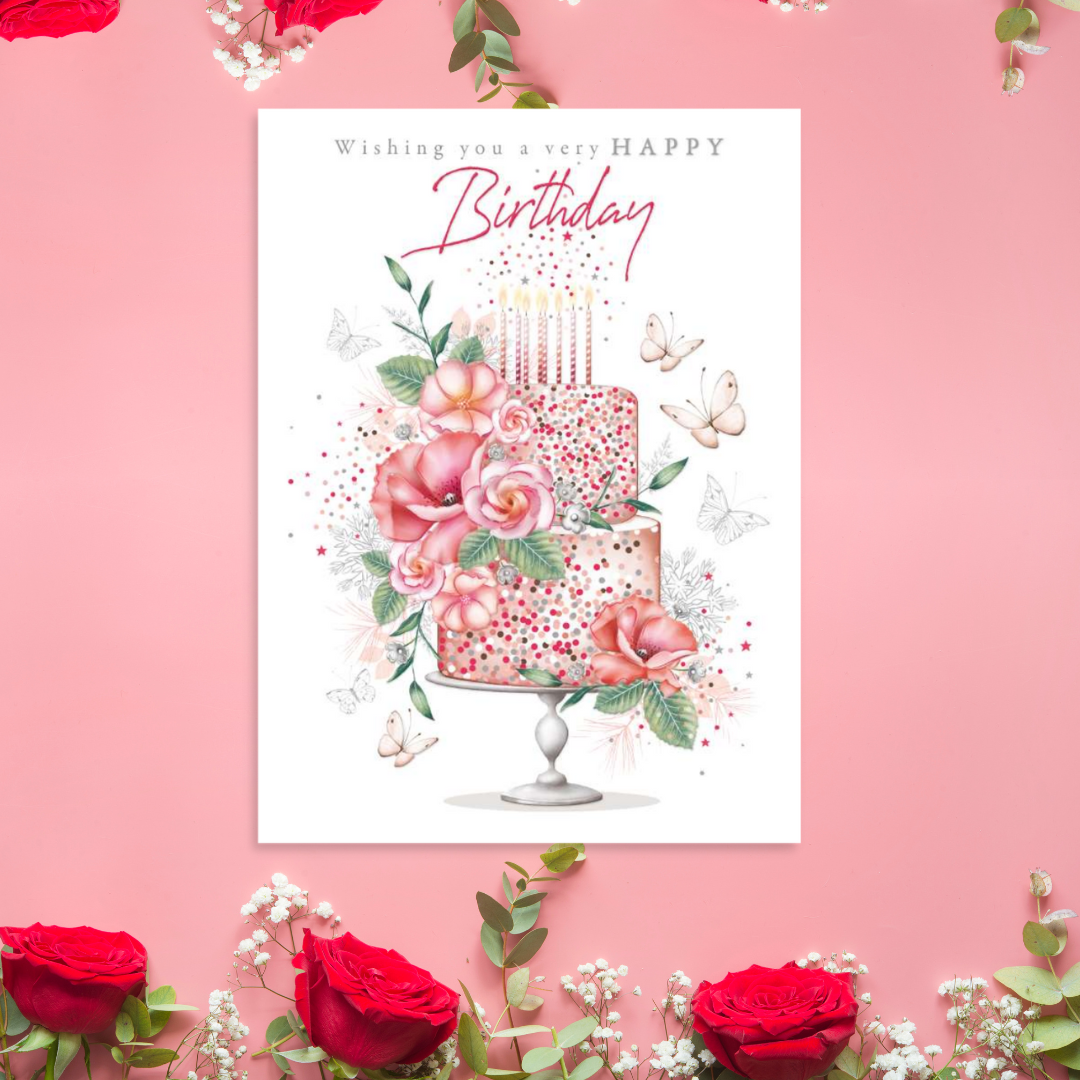 White card with pink birthday cake and candles with floral details