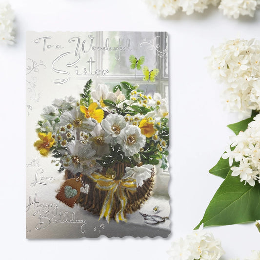 Front image with white and yellow floral basket and silver text