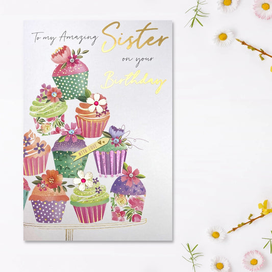 Large white card with colourful cupcake stack with gold foil text