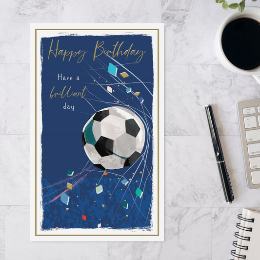 Blue background card with football and confetti