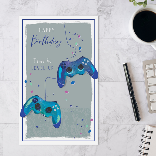 Front design with two blue games controllers and confetti
