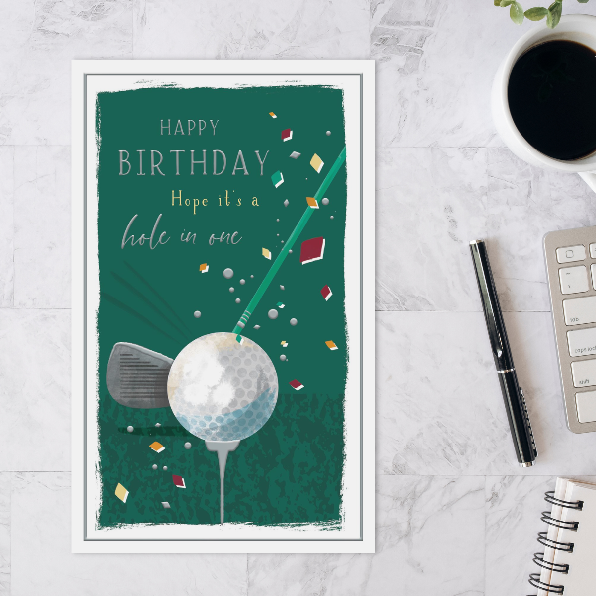 Green card with golf ball with club and confetti