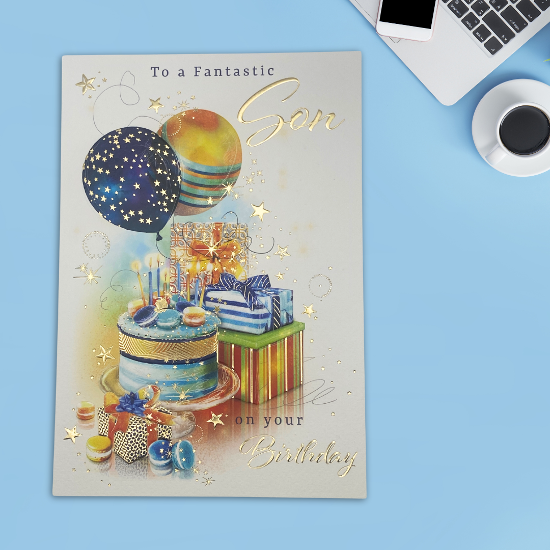 Son Birthday Card - Cake, Balloons & Gifts