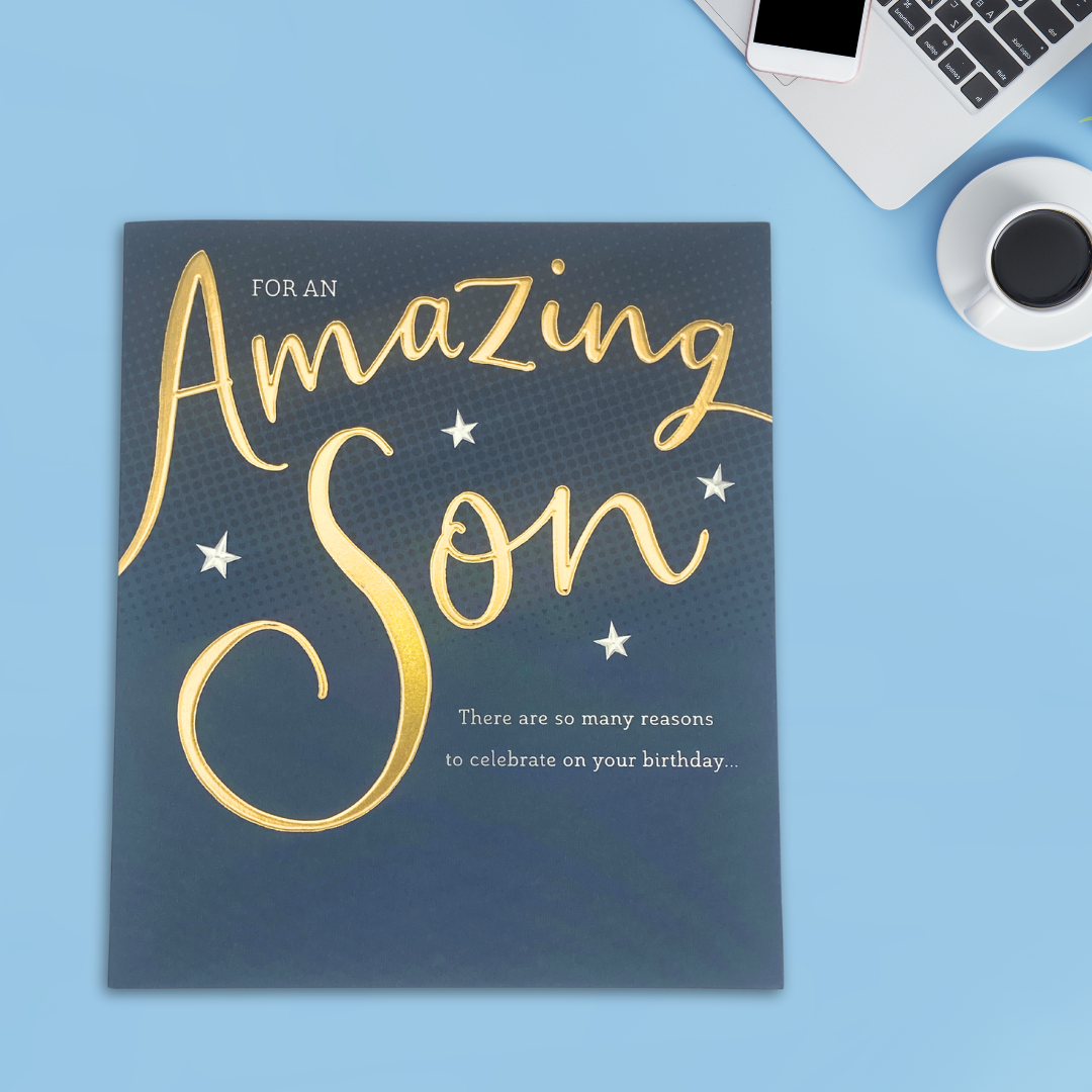 Son Birthday Card - Gold Script Text & Stars