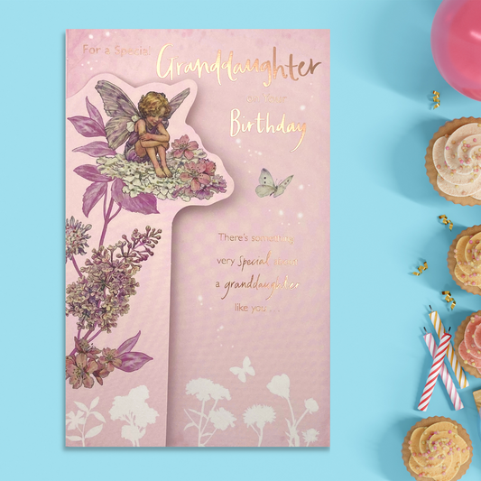 Pink card with fairy illustrations with centre opening and butterflies
