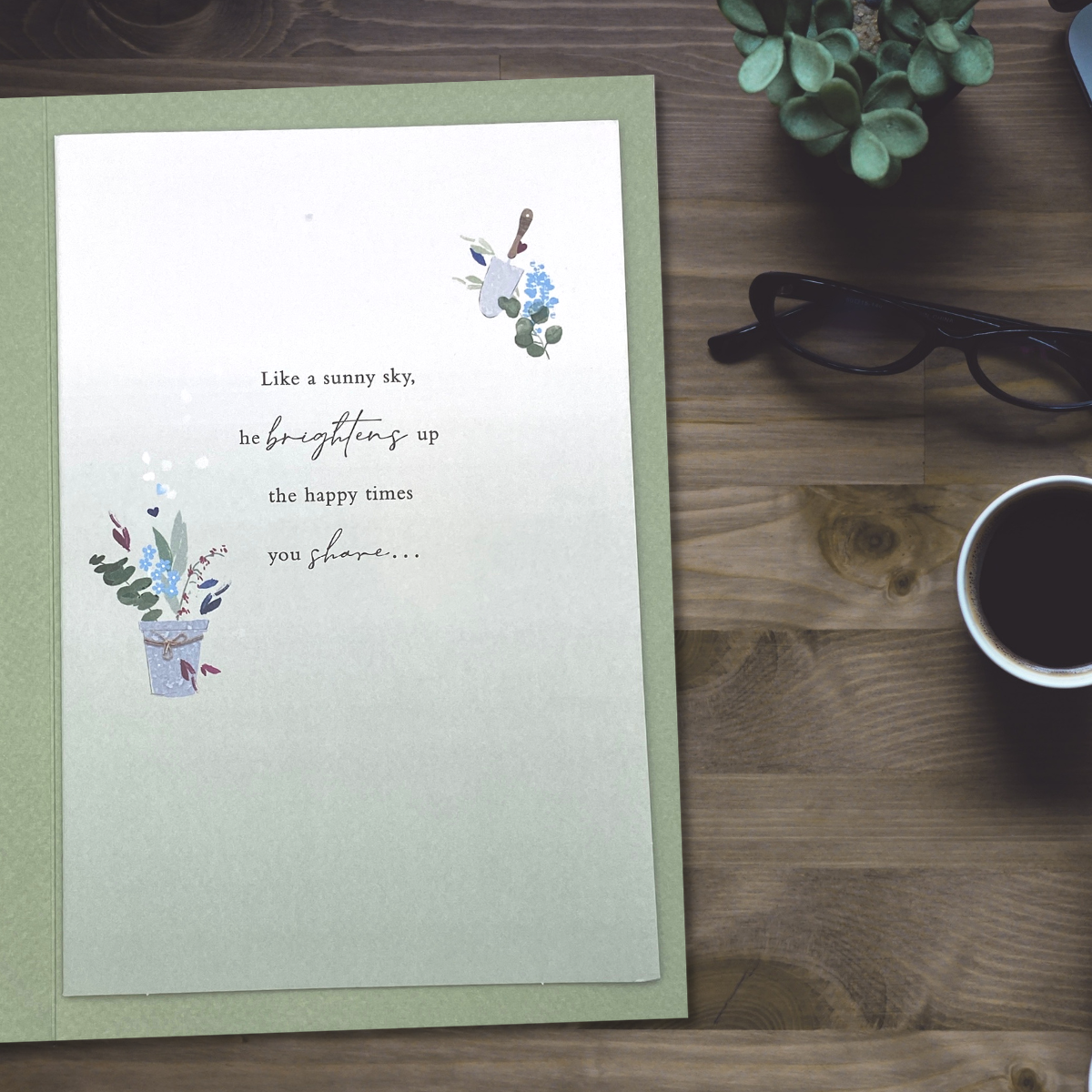 Inside image with Sage and white colour card with gold foil text and gardening illustrations with heartfelt words