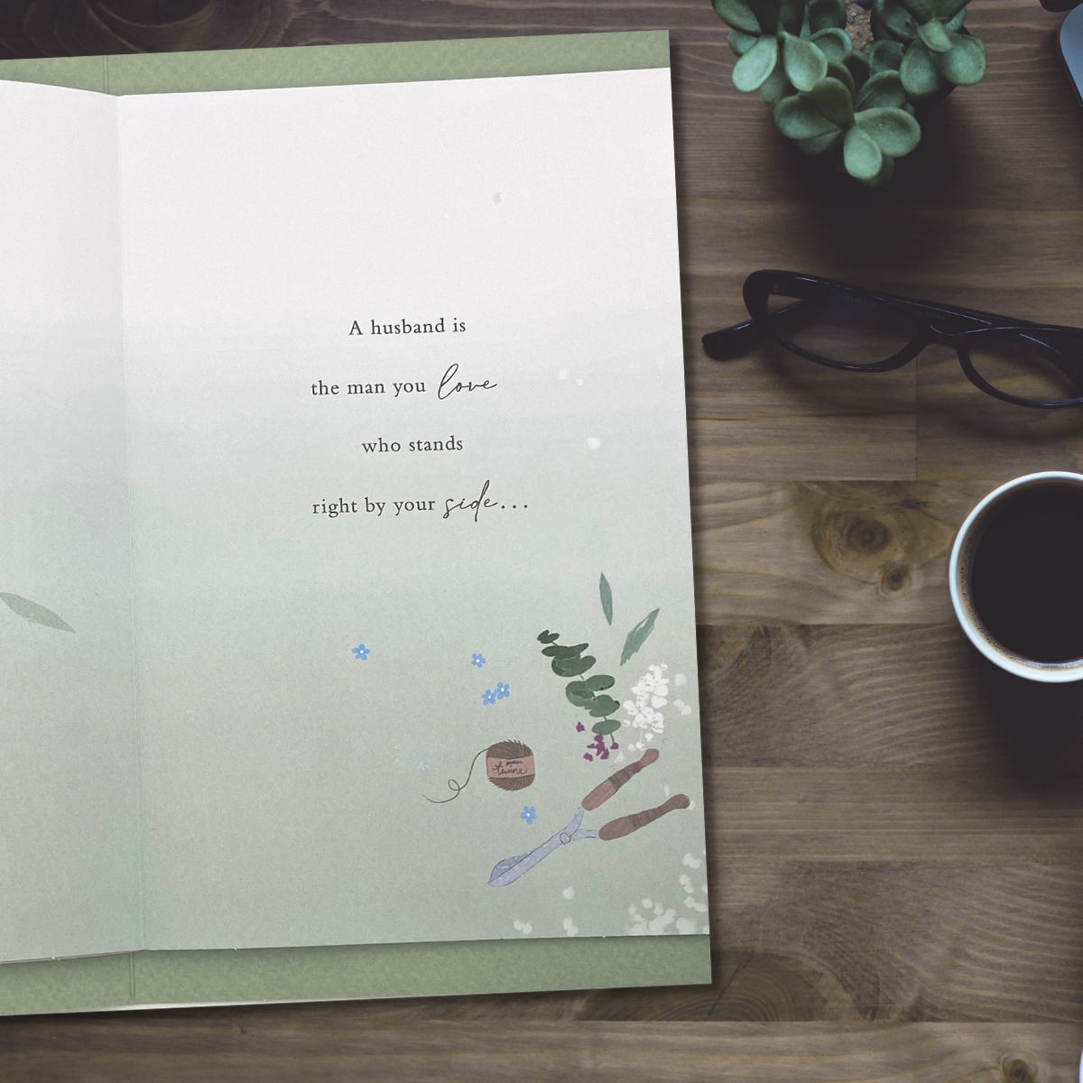 Sage and white colour card with gold foil text and gardening illustrations with heartfelt words