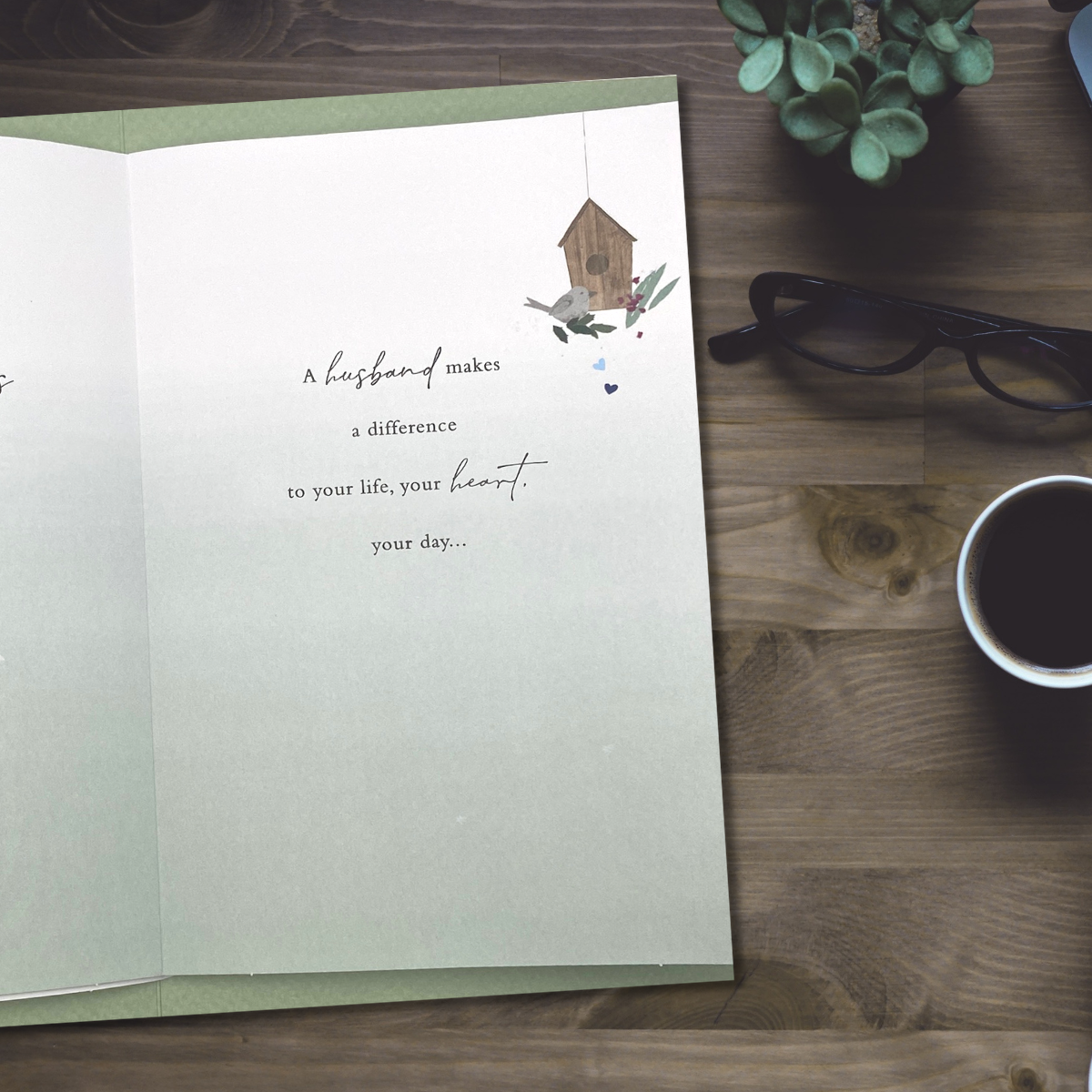 Sage and white colour card with gold foil text and gardening illustrations with heartfelt words
