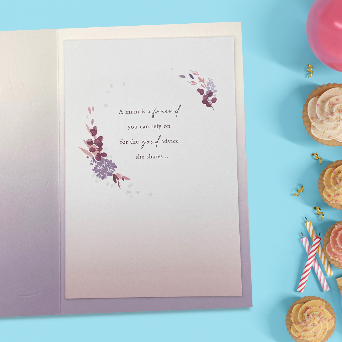 Inside image with lilac and pink flowers and words