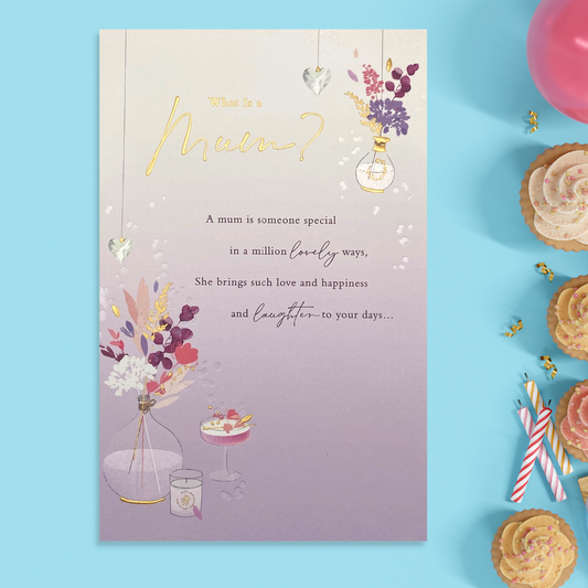 Lilac themed card with floral vases and heartfelt words