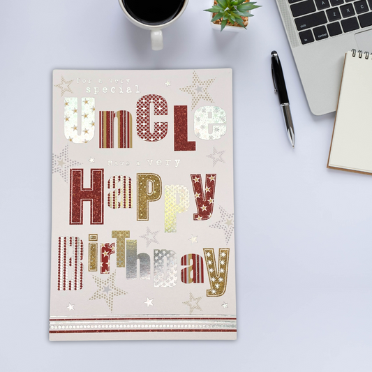 Uncle Birthday Card - Silver & Red Text