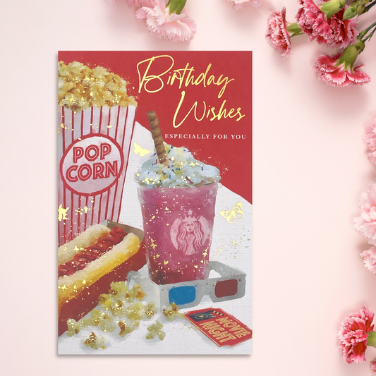 Red and white card with starbucks, popcorn, movie ticket and hotdog