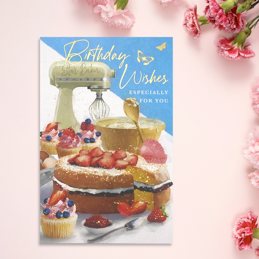 Blue and white card with baking equipment and cakes