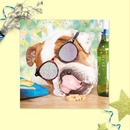 Square card with Bulldog in sunglasses eating cookie and beer