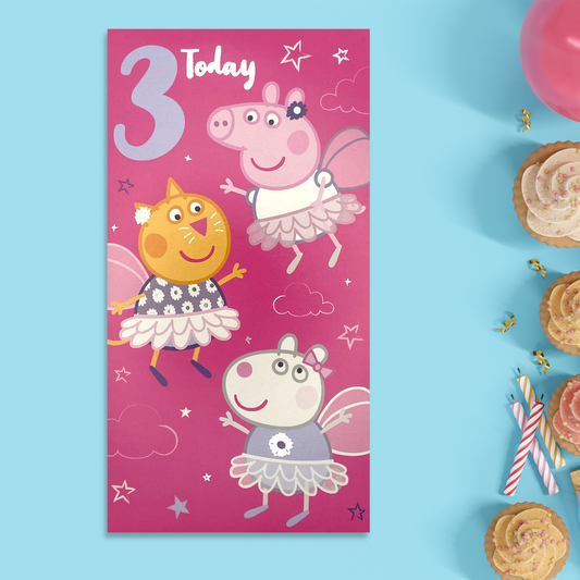 Slim pink card with Peppa pig and friends in tutu's