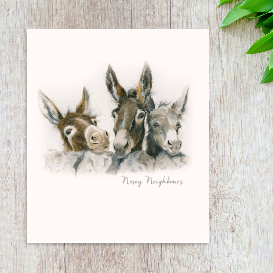 Illustrated image of three donkeys titled 'Nosey neighbours'