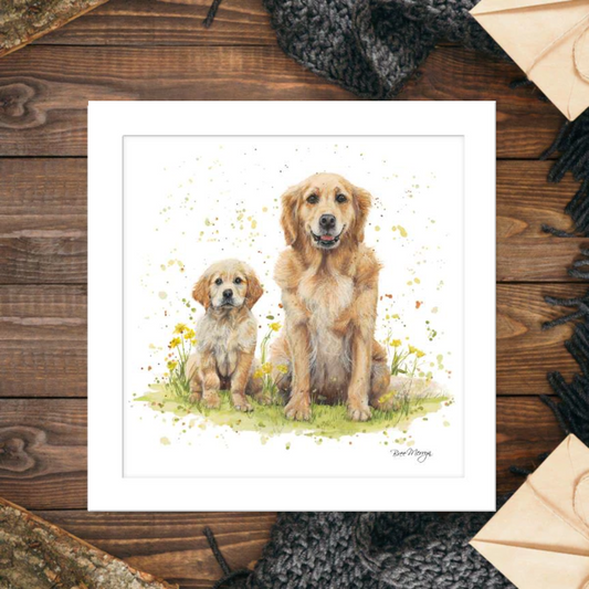 Beautifully illustrated golden retriever and puppy in grass