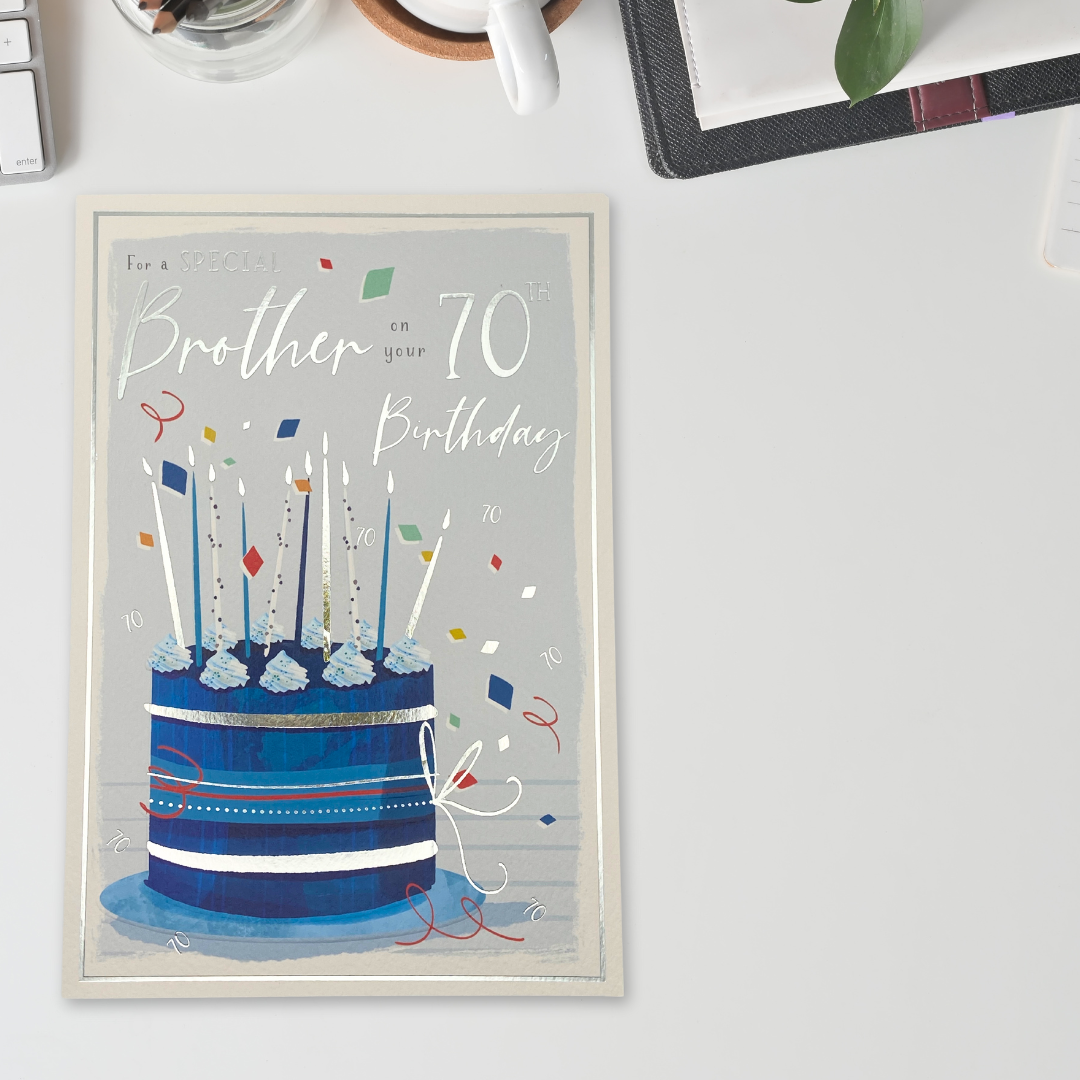 Blue and silver birthday cake and candles with silver foil text and border