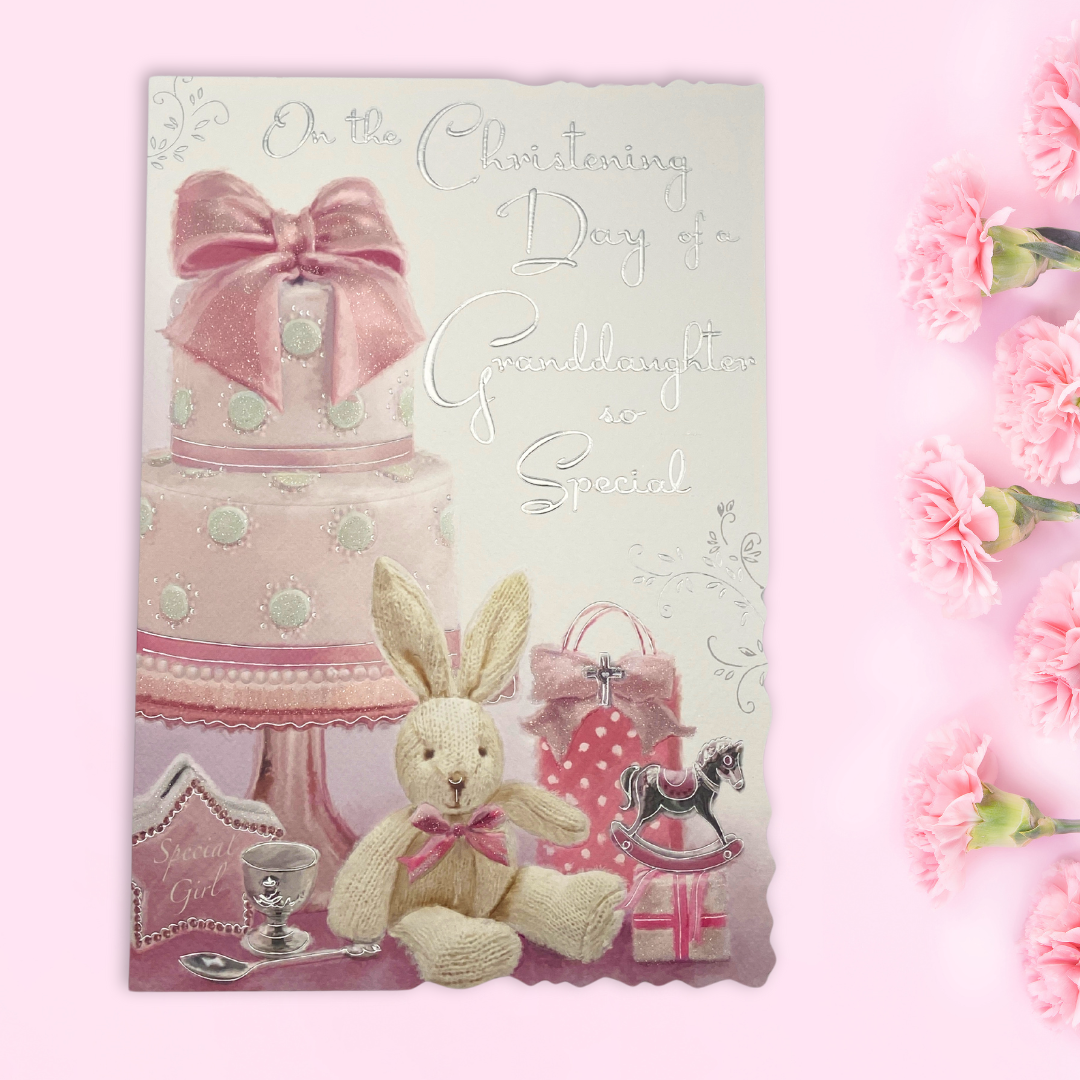 Christening Card Granddaughter - Velvet Sparkle Bunny & Cake