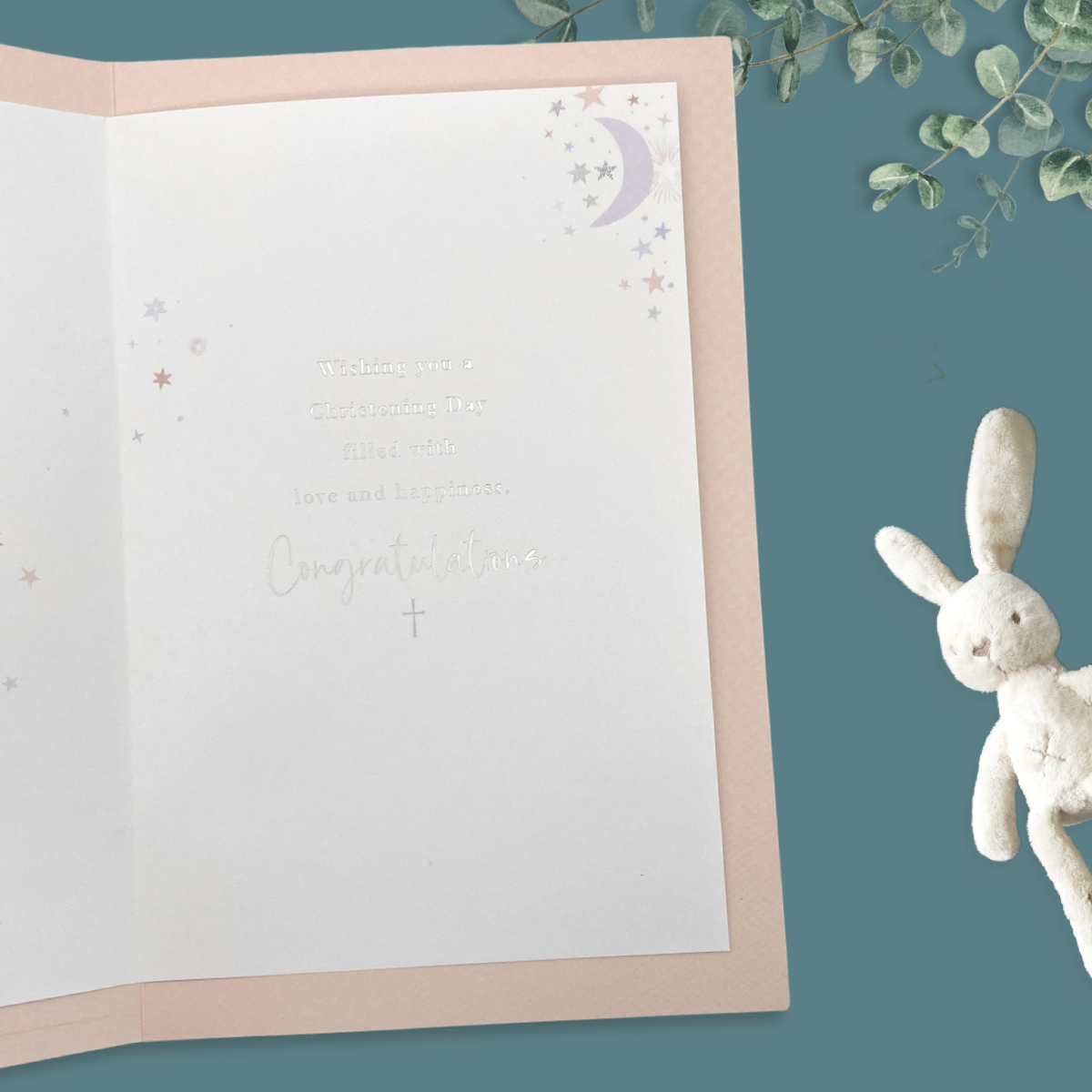 Inside image with silver foil text and peach border