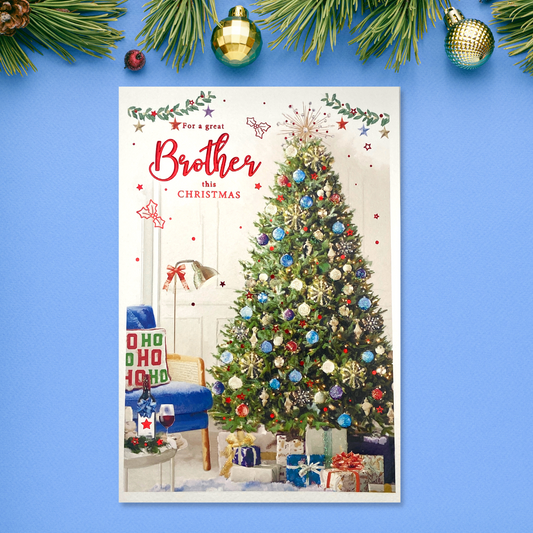 Brother card with decorated christmas tree and gifts