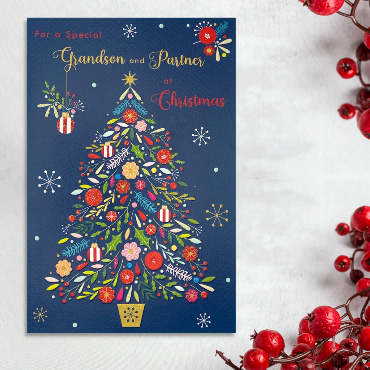 Blue card with Christmas tree illustration