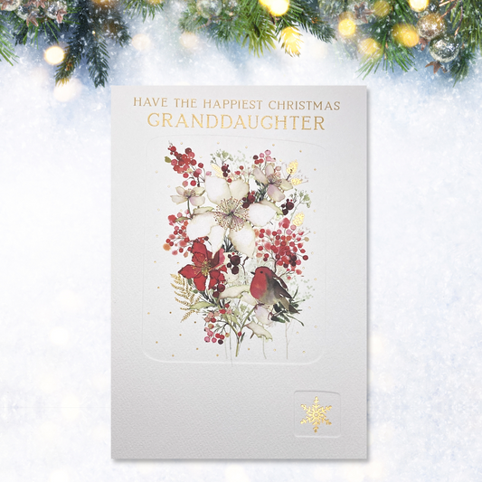 White card with red and white flowers, robin and gold details