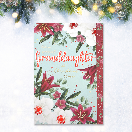 Floral border card with red and gold text