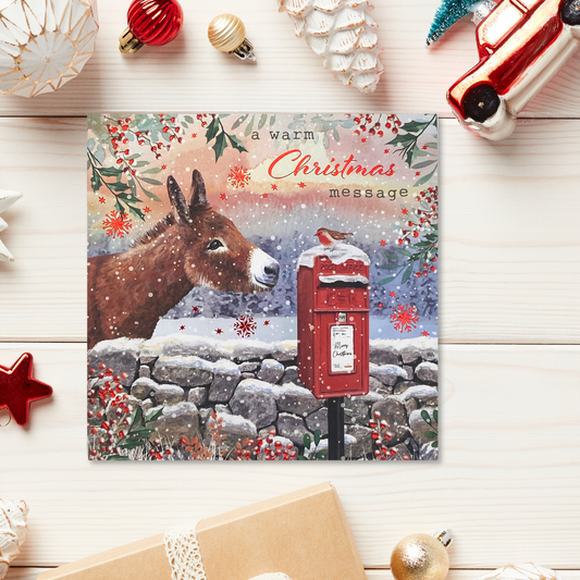Donkey with postbox and robin in the snow