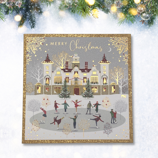 Square card with gold glitter border and skating scene