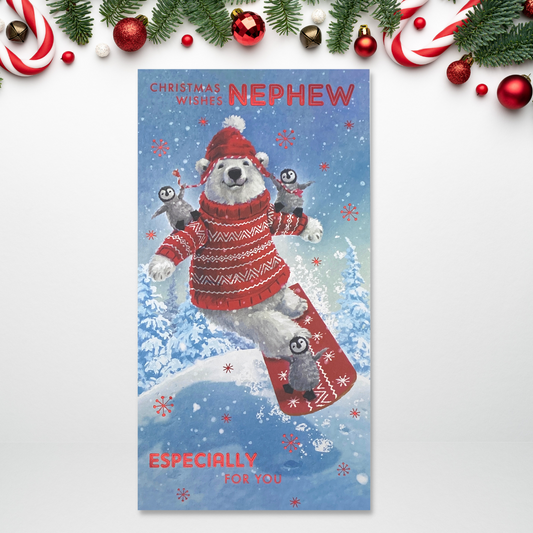 Slim card with polar bear in red jumper and hat snow boarding with penguins