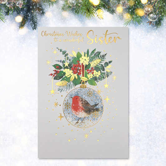 White card with floral decorations and robin inside bauble