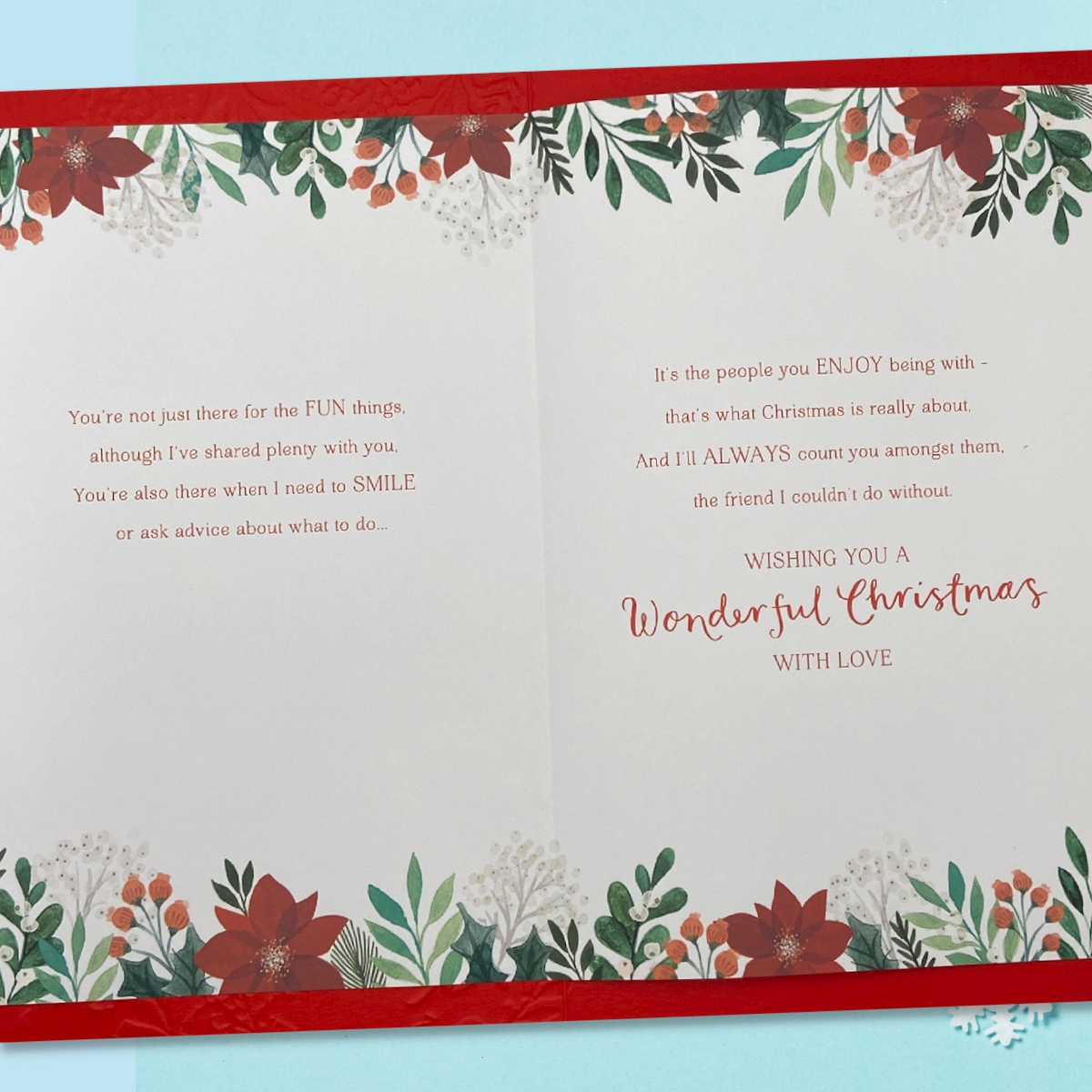 Inside image with red border and floral illustrations with heartfelt verse