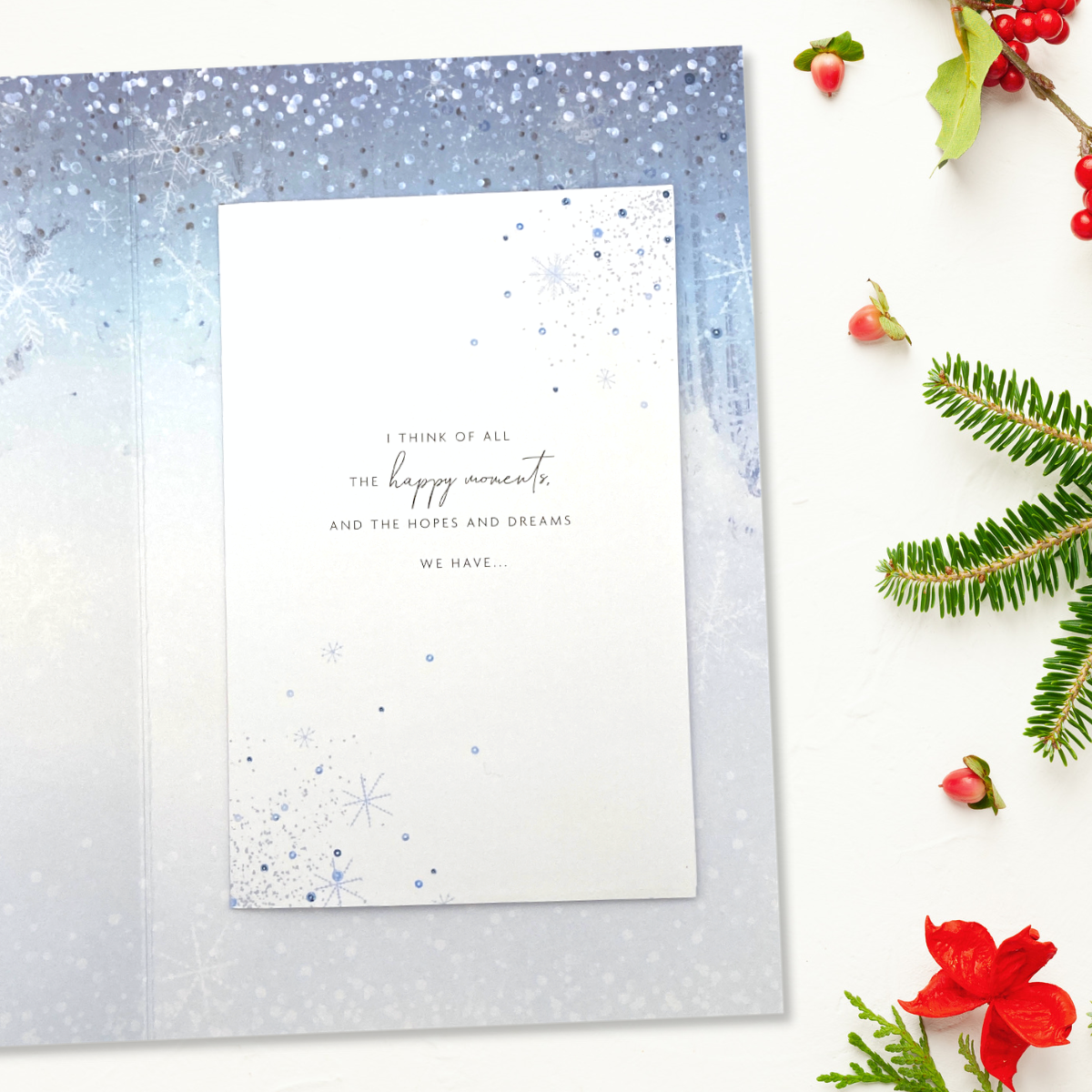 Inside image with blue border and snowflakes design and white printed insert