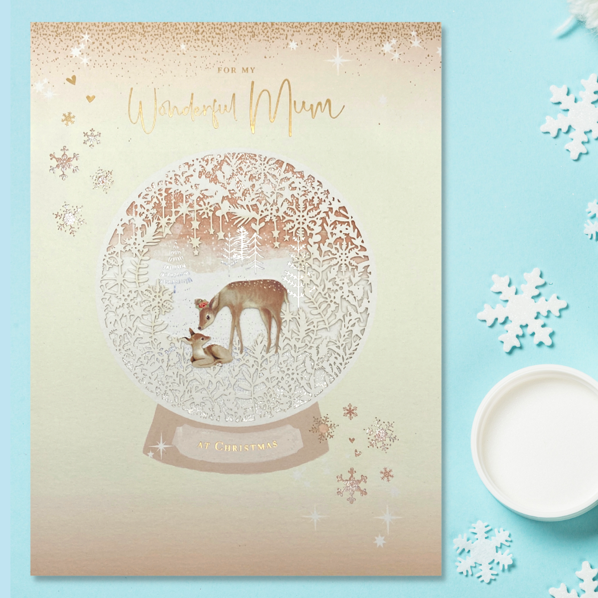 Large mum card with snowglobe with two deer inside. Cream and gold theme