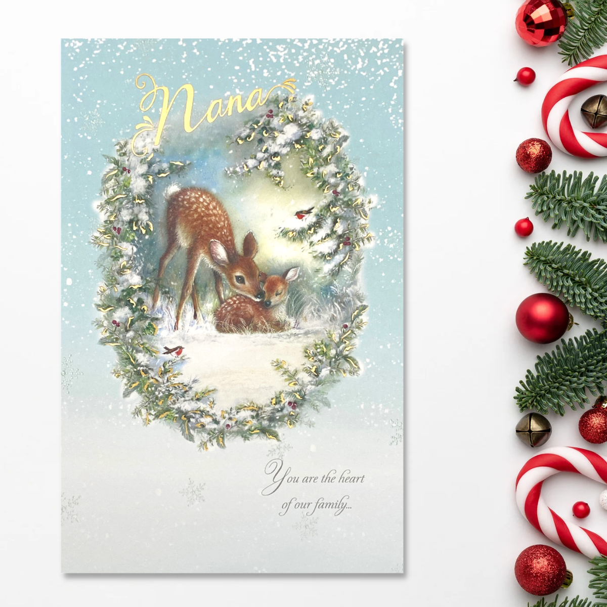 Nana card with two deer in snowy woodland scene